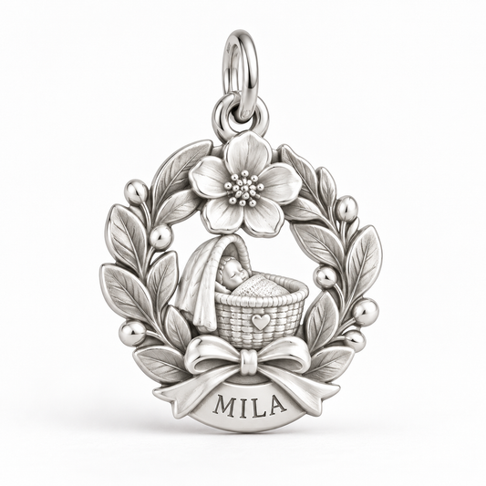 Baby's First Christmas — Birth Flower Cradle Charm and Polyester Cord Bracelet Set