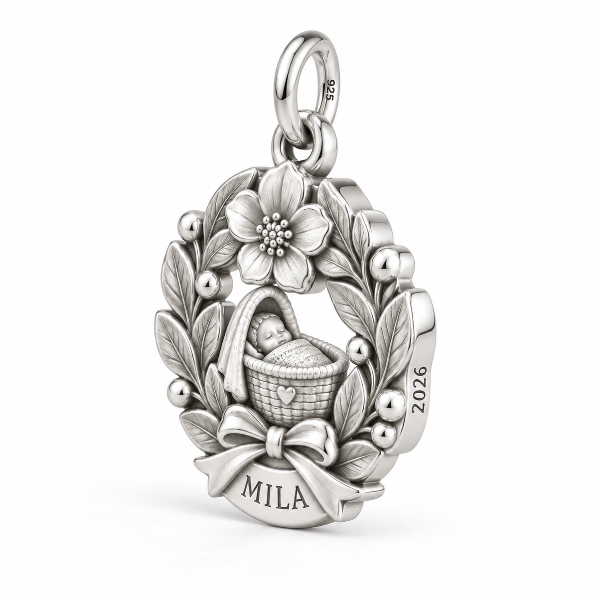 Baby's First Christmas — Birth Flower Cradle Charm and Polyester Cord Bracelet Set