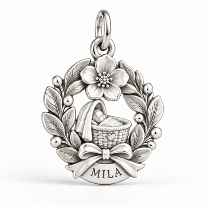 Baby's First Christmas — Birth Flower Cradle Charm and Polyester Cord Bracelet Set