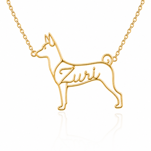 Soulyshine Basenji personalized dog silhouette name necklace in gold - Zuri design