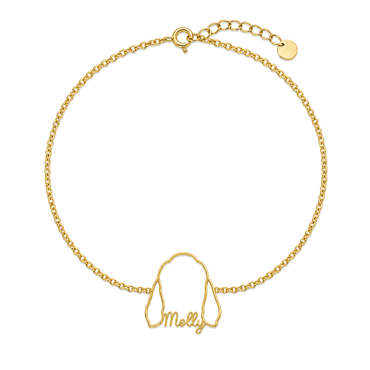 Soulyshine Basset Hound Whisper Outline pet face and Molly name handcrafted bracelet - 18K Gold Vermeil front