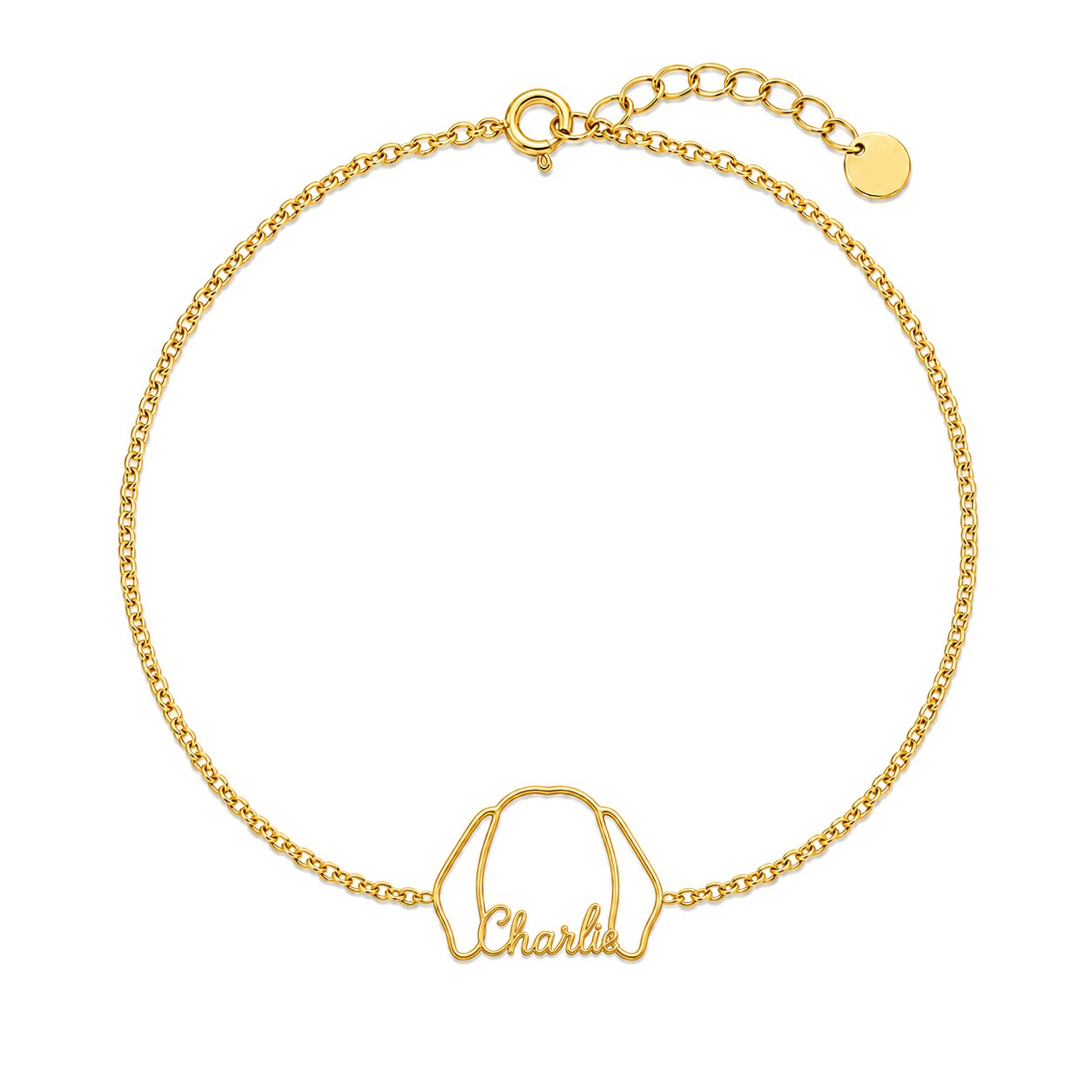 Soulyshine Beagle Whisper Outline pet face and Charlie name handcrafted bracelet - 18K Gold Vermeil front