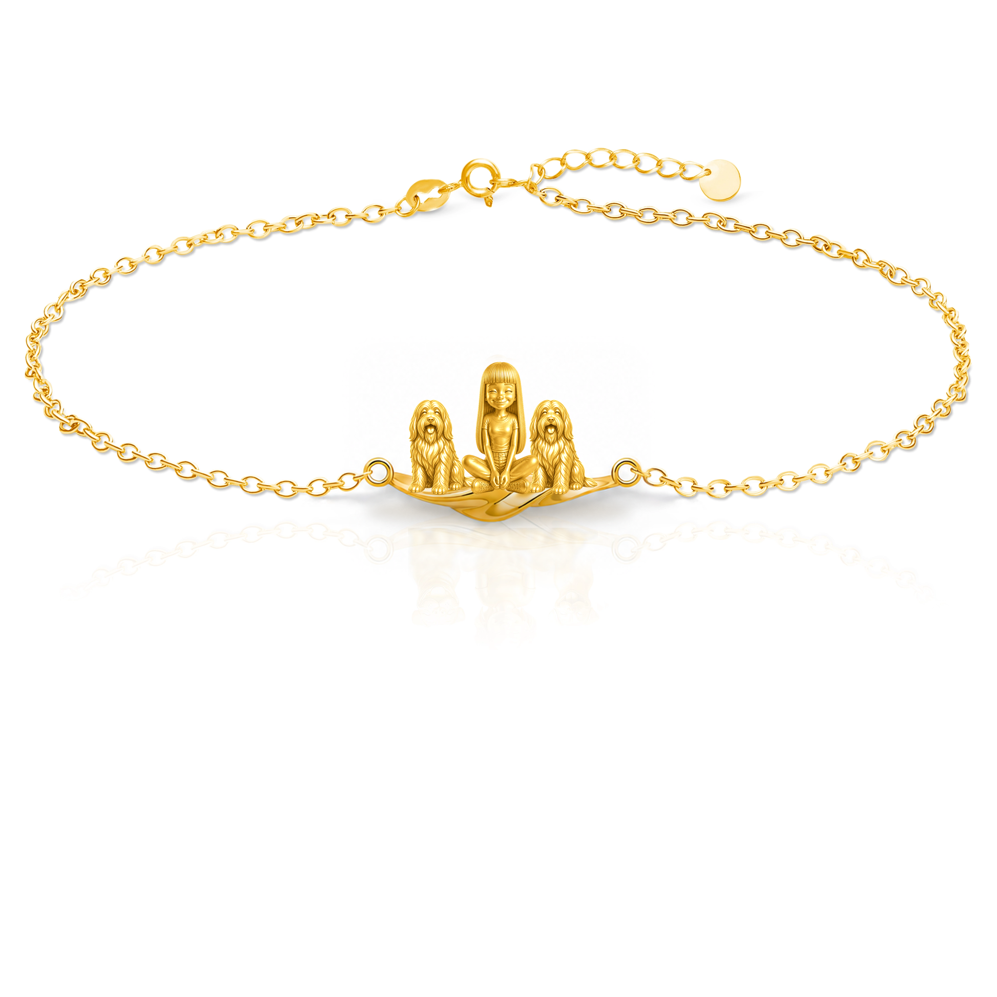 Bearded-Collie Personalized Girl And Her Pets Bracelet - 10K Solid Gold - Front