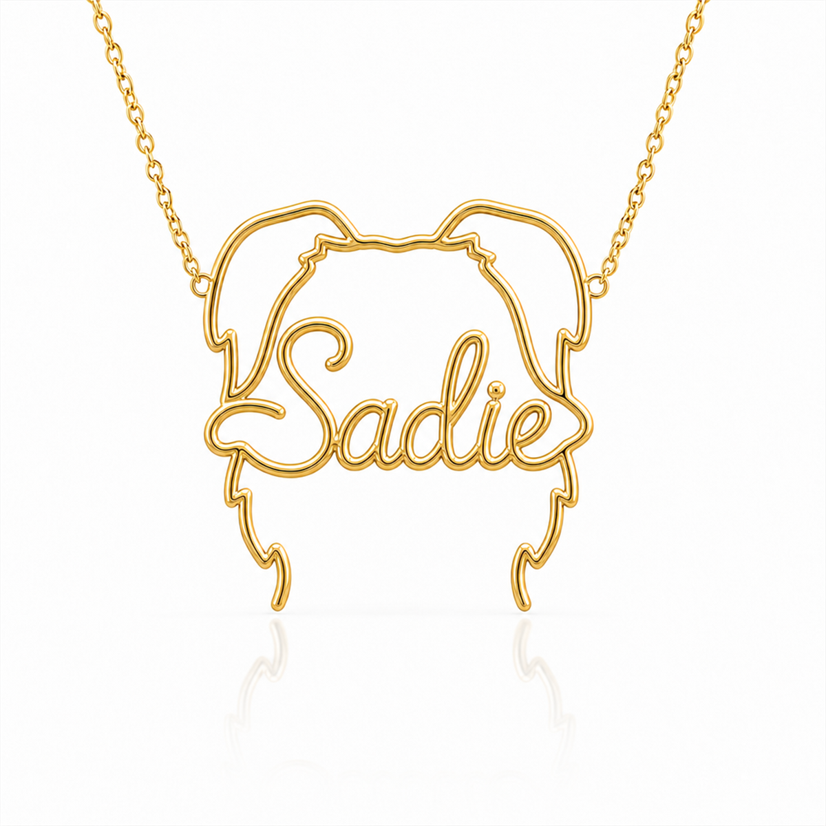 Soulyshine Bearded Collie personalized outline pet face and name necklace in gold