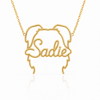 Soulyshine Bearded Collie personalized outline pet face and name necklace in gold