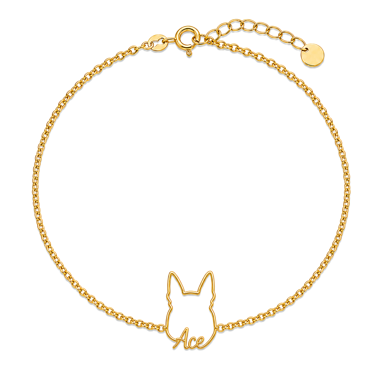Soulyshine Belgian Malinois Whisper Outline pet face and Ace name handcrafted bracelet - 18K Gold Vermeil front