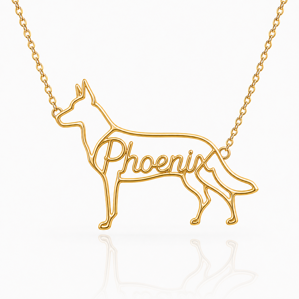 Soulyshine Belgian Malinois personalized dog silhouette name necklace in gold - Phoenix design