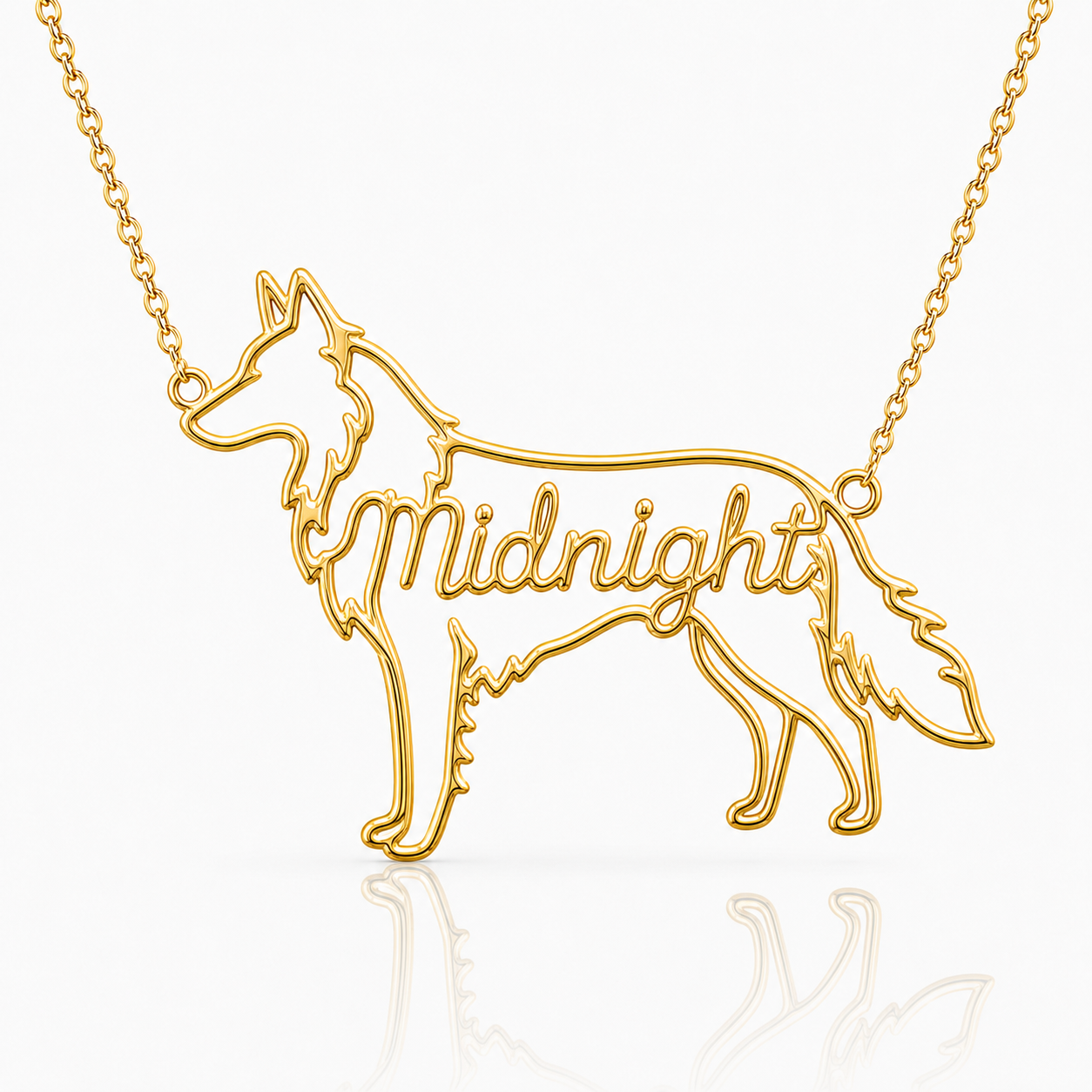 Soulyshine Belgian Sheepdog personalized dog silhouette name necklace in gold - Midnight design