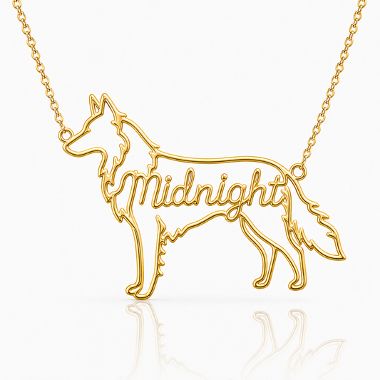 Soulyshine Belgian Sheepdog personalized dog silhouette name necklace in gold - Midnight design