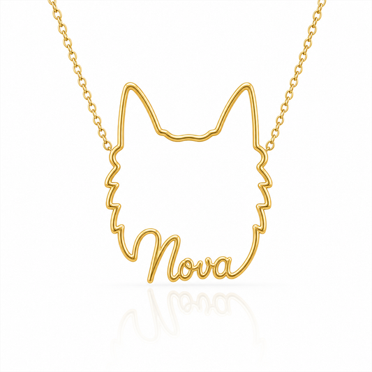 Soulyshine Belgian Sheepdog personalized outline pet face and name necklace in gold
