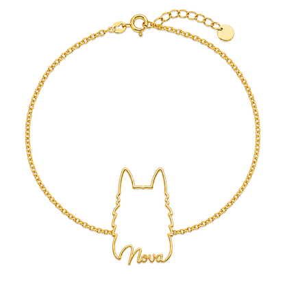 Soulyshine Belgian Sheepdog Whisper Outline pet face and Nova name handcrafted bracelet - 18K Gold Vermeil front