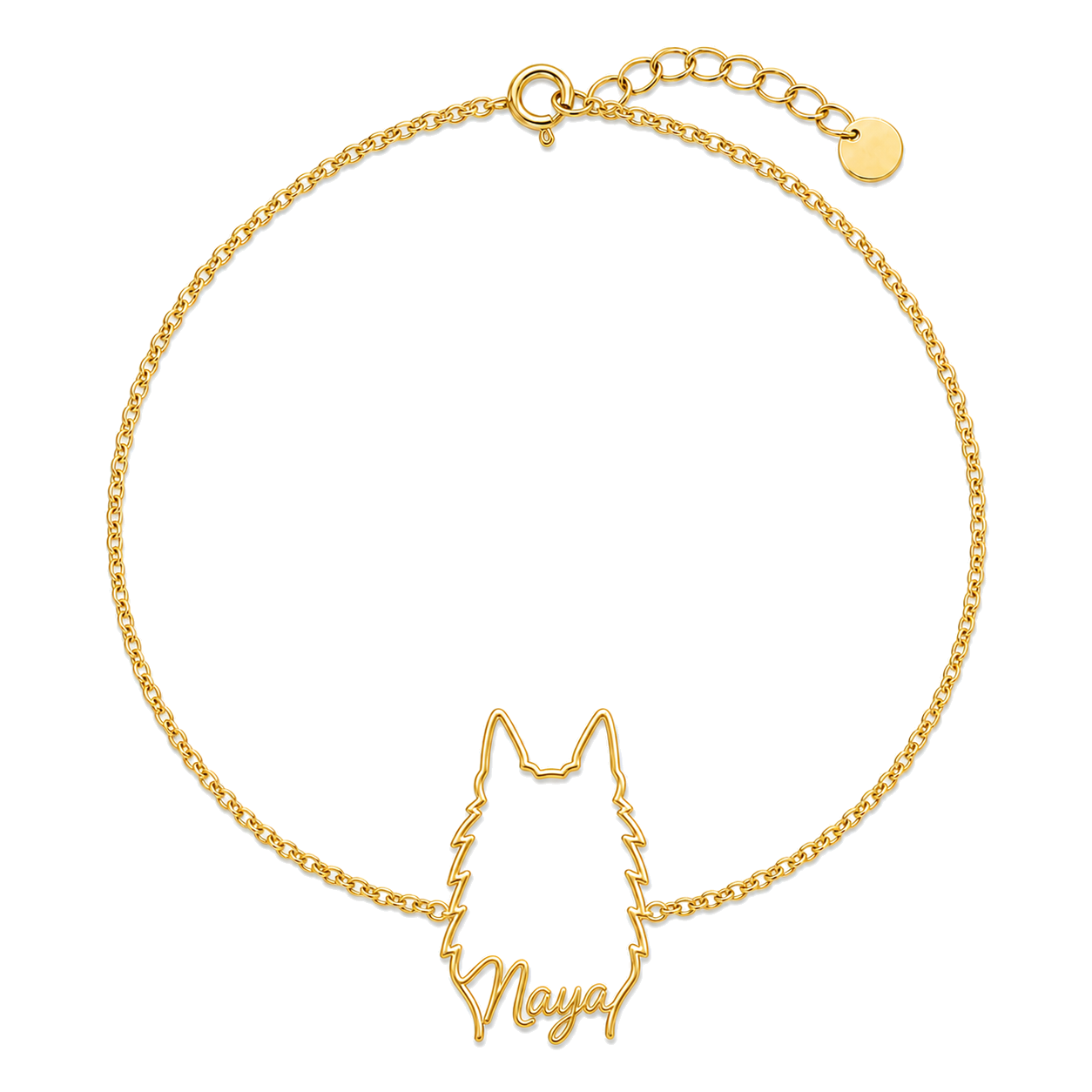 Soulyshine Belgian Tervuren Whisper Outline pet face and Maya name handcrafted bracelet - 18K Gold Vermeil front