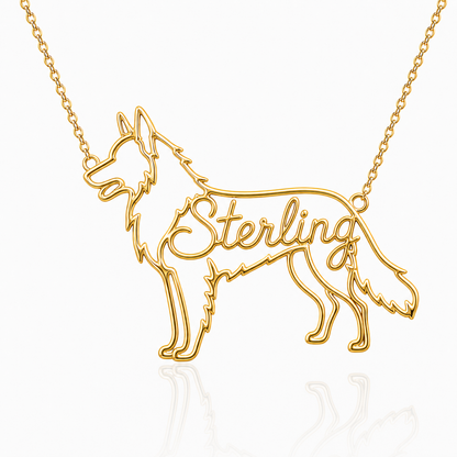 Soulyshine Belgian Tervuren personalized dog silhouette name necklace in gold - Sterling design