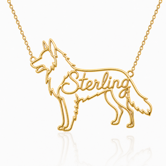 Soulyshine Belgian Tervuren personalized dog silhouette name necklace in gold - Sterling design