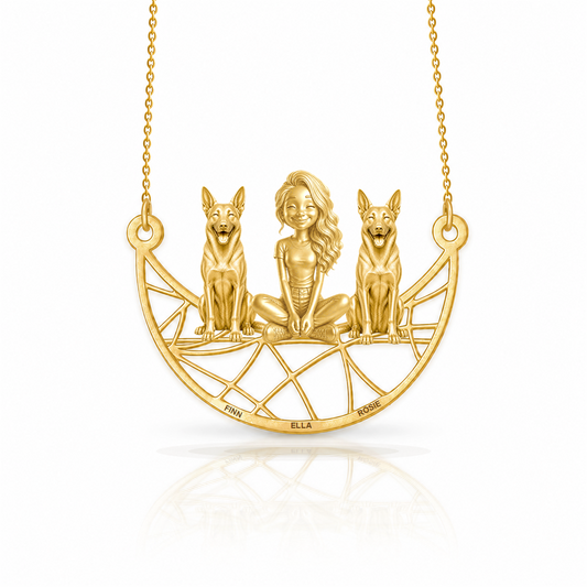 Personalized Belgian Malinois girl and her dogs necklace - front view