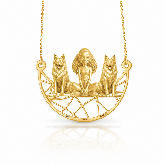 Personalized Belgian Sheepdog girl and her dogs necklace - front view