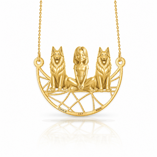 Personalized Belgian Tervuren girl and her dogs necklace - front view