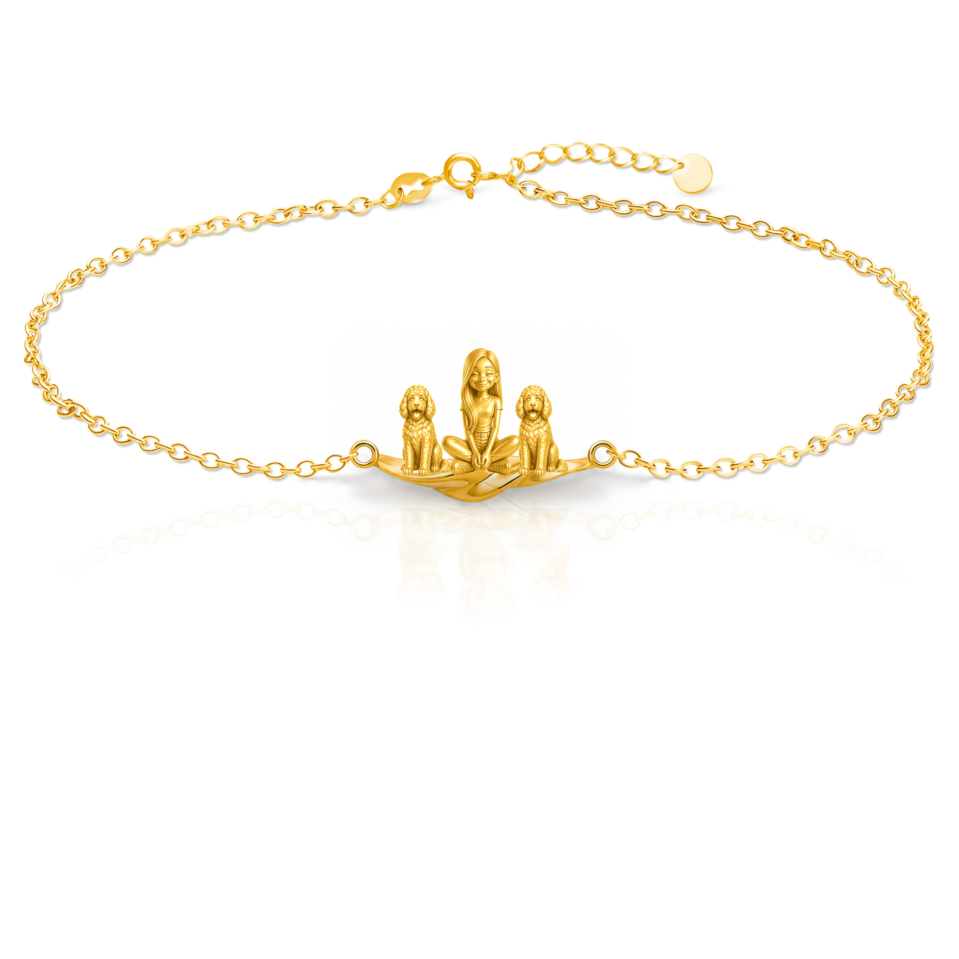 Bernedoodle Personalized Girl And Her Pets Bracelet - 10K Solid Gold - Front