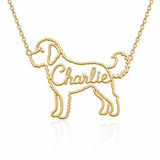 Soulyshine Bernedoodle personalized dog silhouette name necklace in gold - Charlie design