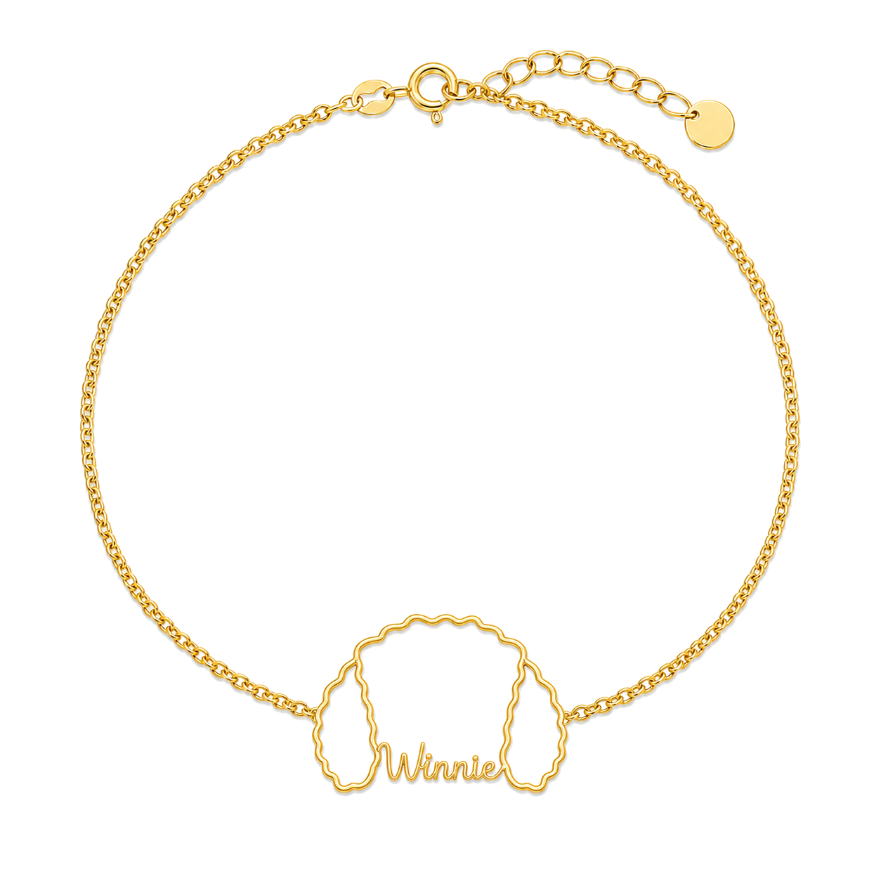 Soulyshine Bernedoodle Whisper Outline pet face and Winnie name handcrafted bracelet - 18K Gold Vermeil front