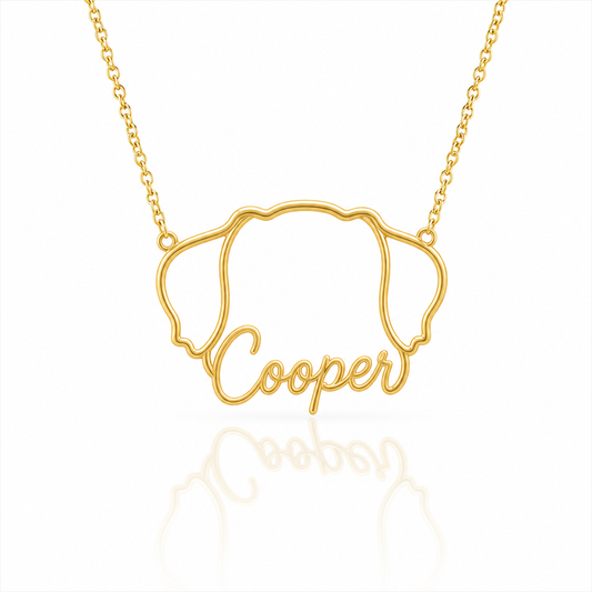Soulyshine Bernese Mountain Dog personalized outline pet face and name necklace in gold