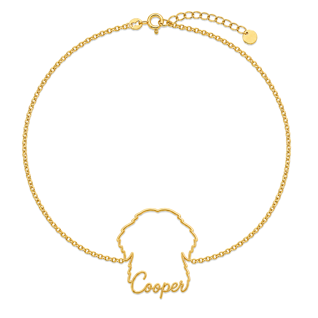Soulyshine Bernese Mountain Dog Whisper Outline pet face and Cooper name handcrafted bracelet - 18K Gold Vermeil front
