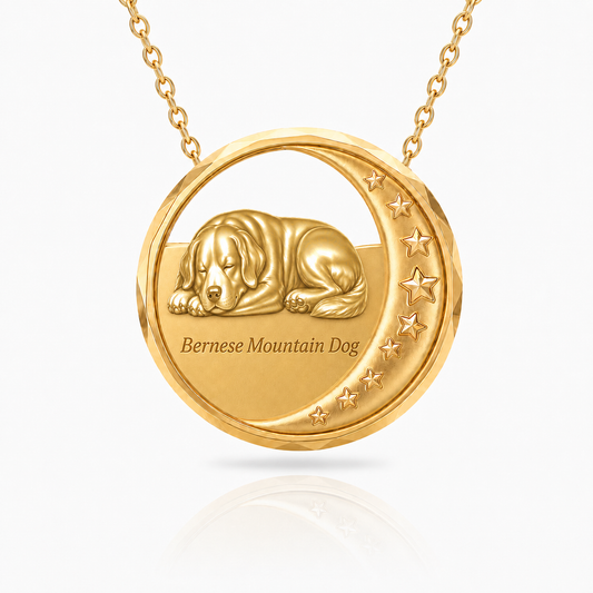 SoulyShine Bernese Mountain Dog Starry Slumber – Personalized Pet in The Moon Necklace - 18K Gold Vermeil front