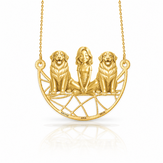 Personalized Bernese Mountain Dog girl and her dogs necklace - front view