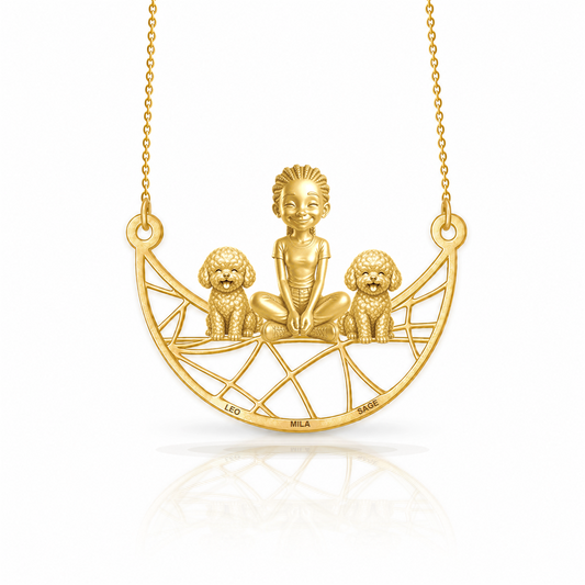 Personalized Bichon Frise girl and her dogs necklace - front view
