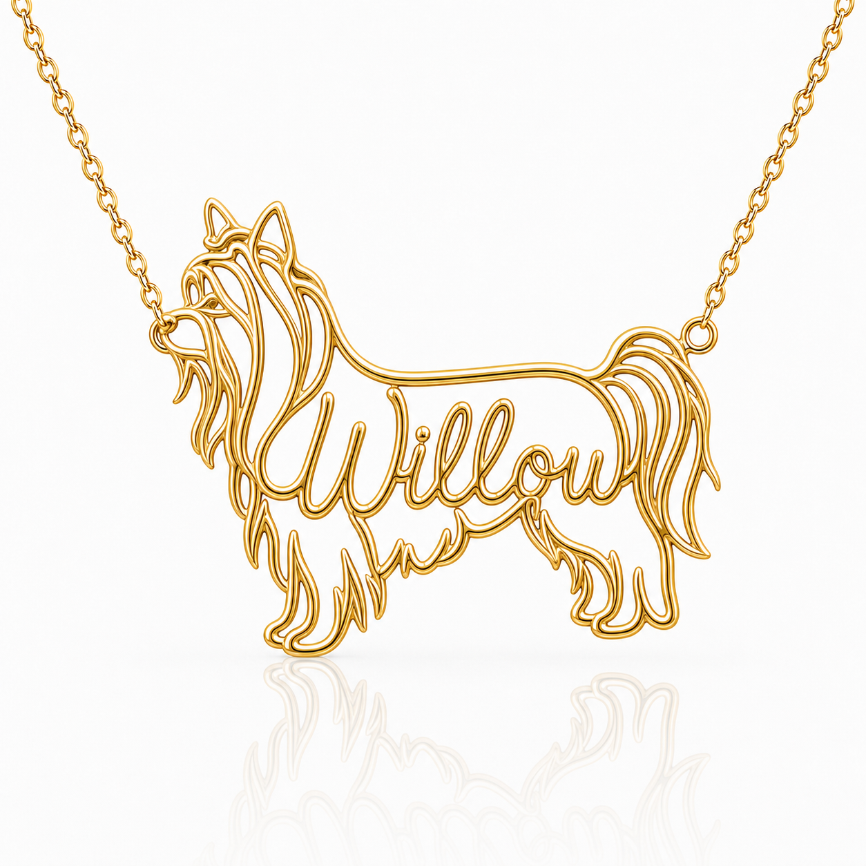 Soulyshine Biewer Terrier personalized dog silhouette name necklace in gold - Willow design