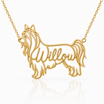 Soulyshine Biewer Terrier personalized dog silhouette name necklace in gold - Willow design