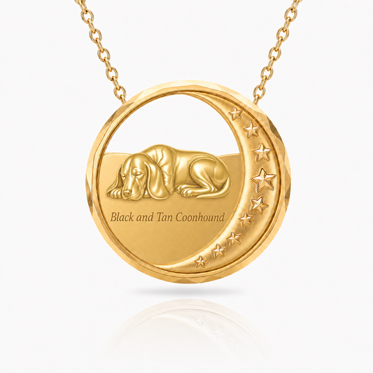 SoulyShine Black and Tan Coonhound Starry Slumber – Personalized Pet in The Moon Necklace - 18K Gold Vermeil front