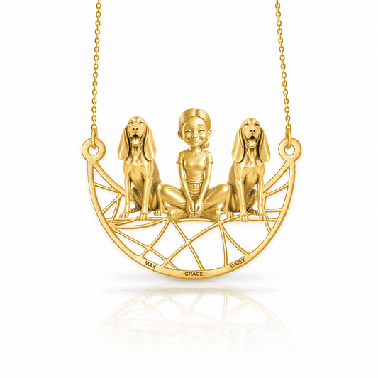 Personalized Black and Tan Coonhound girl and her dogs necklace - front view