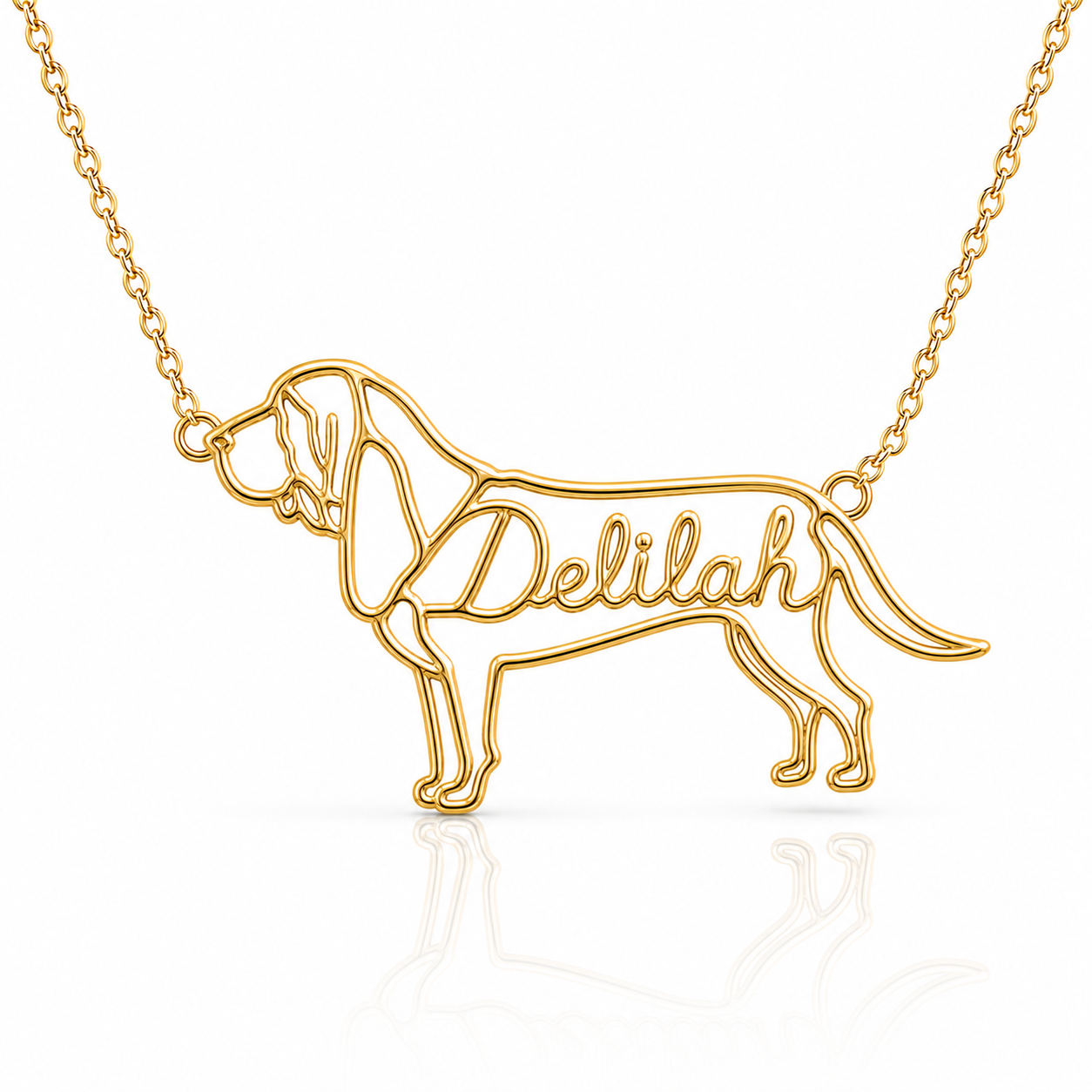 Soulyshine Bloodhound personalized dog silhouette name necklace in gold - Delilah design