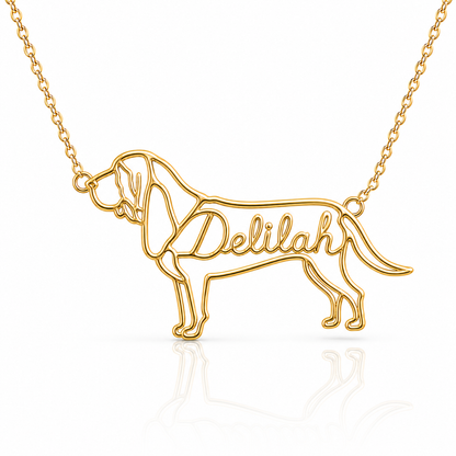 Soulyshine Bloodhound personalized dog silhouette name necklace in gold - Delilah design