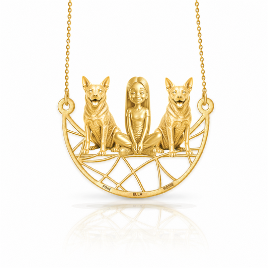 Personalized Blue Heeler girl and her dogs necklace - front view