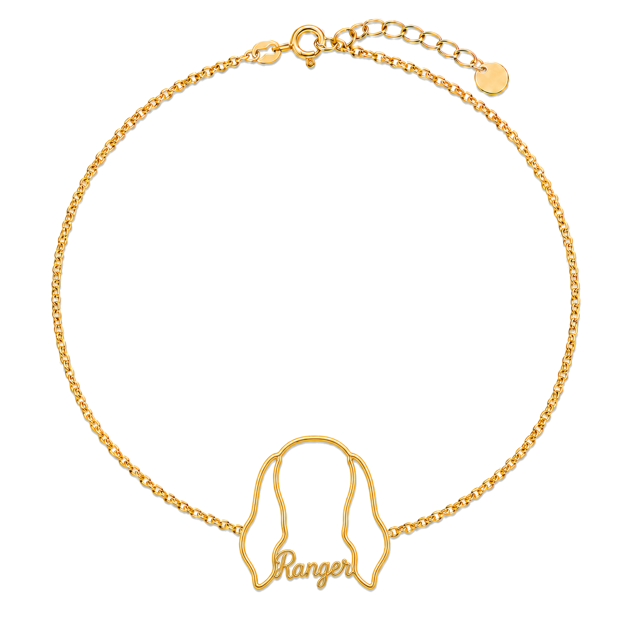 Soulyshine Bluetick Coonhound Whisper Outline pet face and Ranger name handcrafted bracelet - 18K Gold Vermeil front