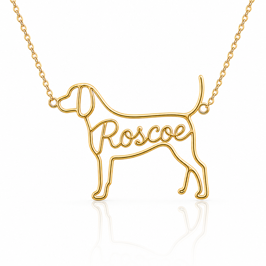 Soulyshine Bluetick Coonhound personalized dog silhouette name necklace in gold - Roscoe design