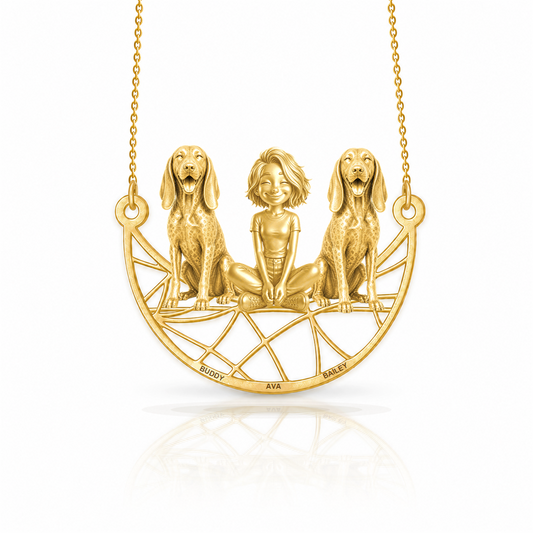 Personalized Bluetick Coonhound girl and her dogs necklace - front view