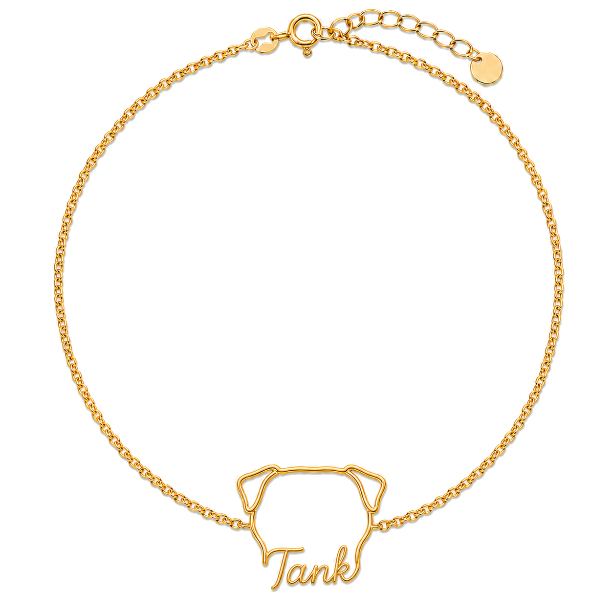 Soulyshine Boerboel Whisper Outline pet face and Tank name handcrafted bracelet - 18K Gold Vermeil front