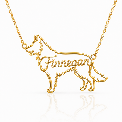 Soulyshine Border Collie Rough Coat personalized dog silhouette name necklace in gold - Finnegan design