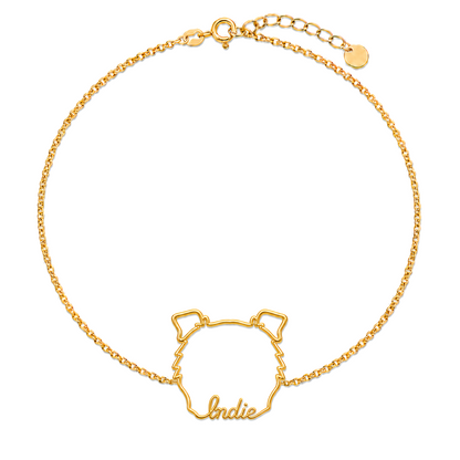 Soulyshine Border Collie - rough coat Whisper Outline pet face and Indie name handcrafted bracelet - 18K Gold Vermeil front