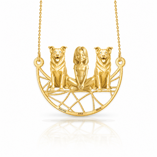 Personalized Border Collie - smooth coat girl and her dogs necklace - front view