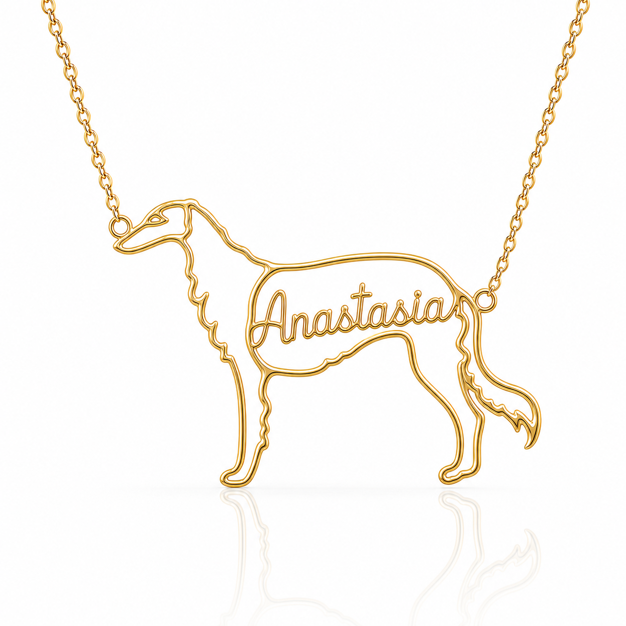 Soulyshine Borzoi personalized dog silhouette name necklace in gold - Anastasia design