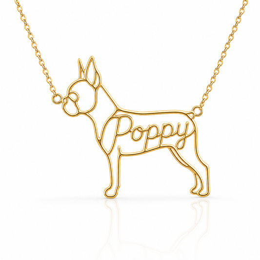 Soulyshine Boston Terrier personalized dog silhouette name necklace in gold - Poppy design