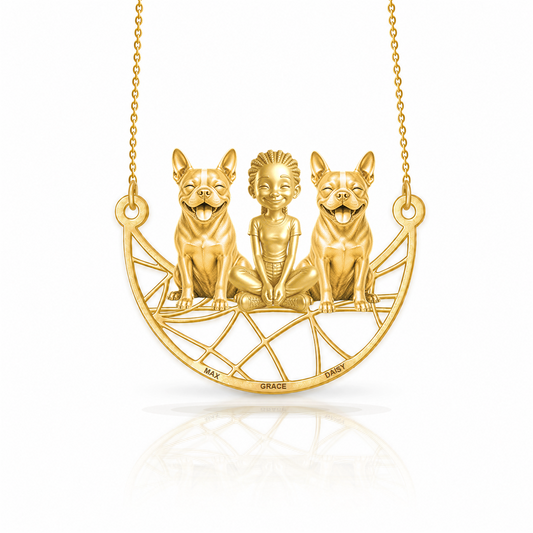 Personalized Boston Terrier girl and her dogs necklace - front view