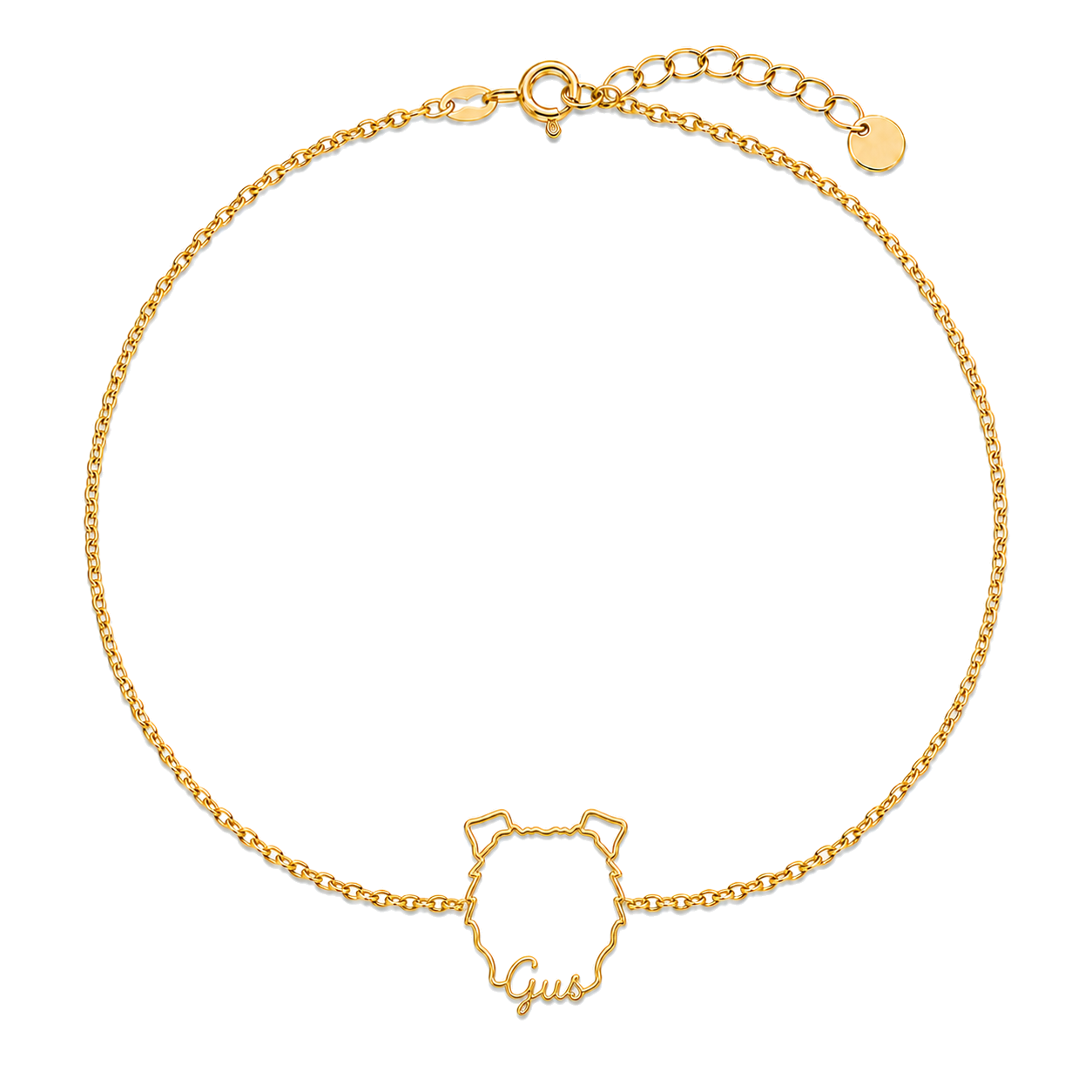 Soulyshine Bouvier des Flandres Whisper Outline pet face and Gus name handcrafted bracelet - 18K Gold Vermeil front