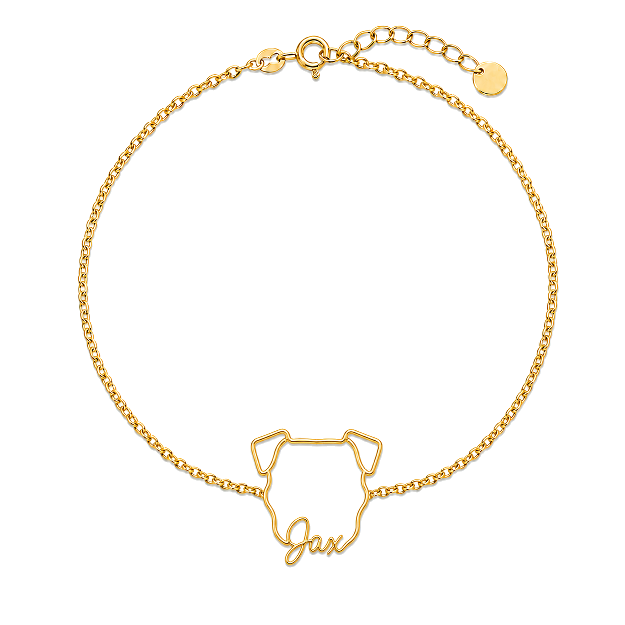 Soulyshine Boxer Whisper Outline pet face and Jax name handcrafted bracelet - 18K Gold Vermeil front