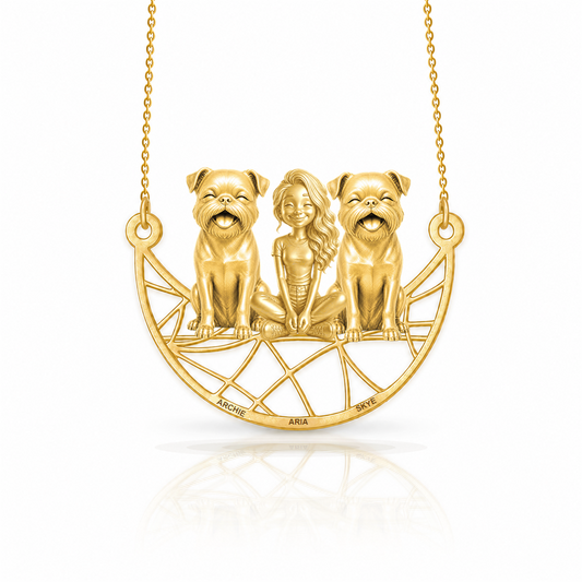 Personalized Brussels Griffon - smooth coat girl and her dogs necklace - front view