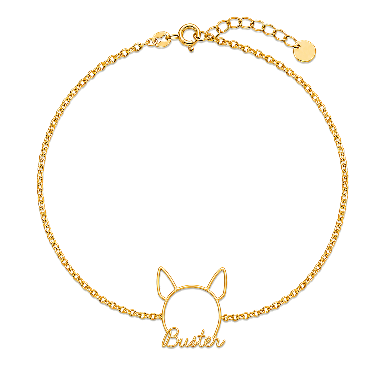 Soulyshine Bull Terrier Whisper Outline pet face and Buster name handcrafted bracelet - 18K Gold Vermeil front